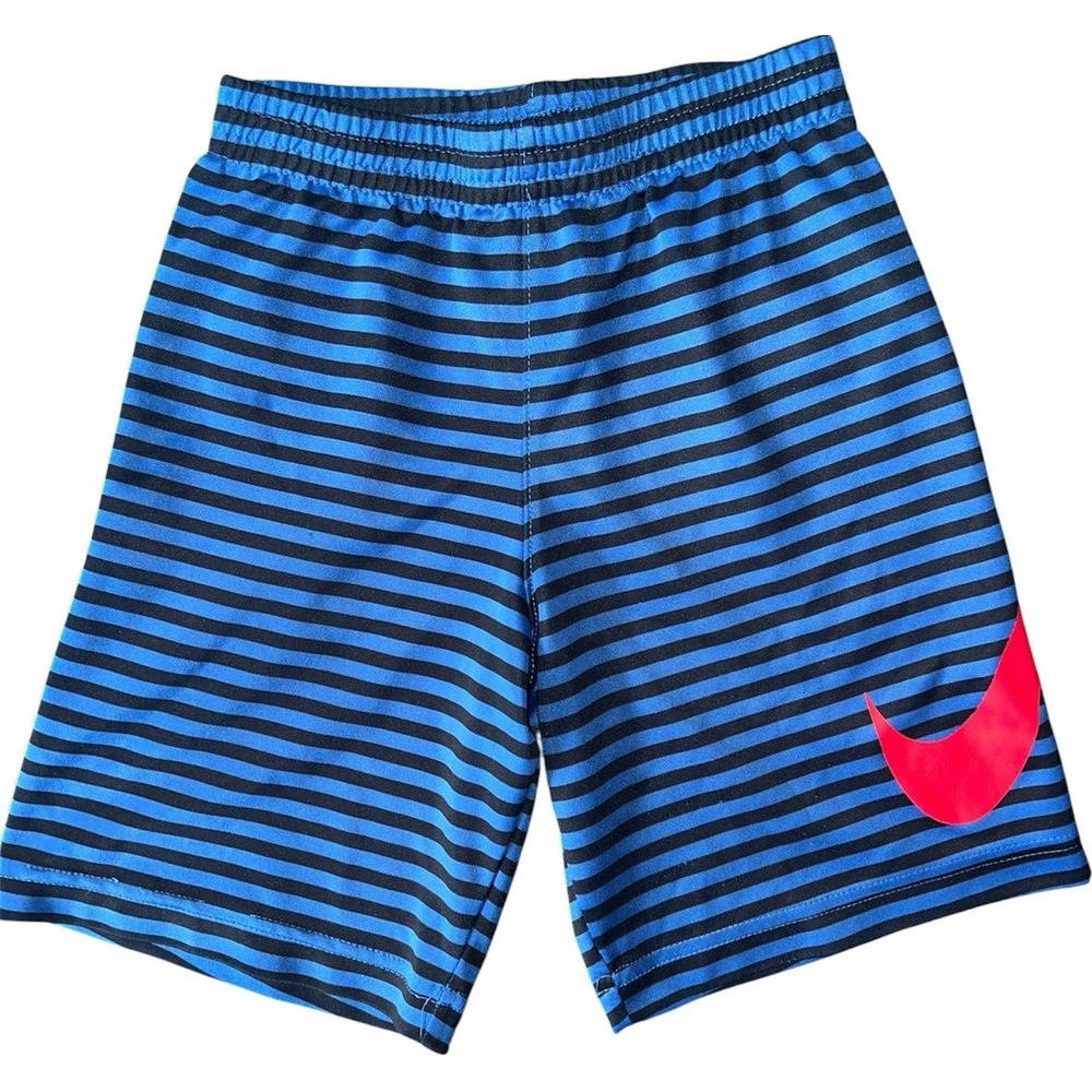 Nike Boys Blue Black Striped Athletic Shorts Red Swoosh Logo Kids Size S 8-10